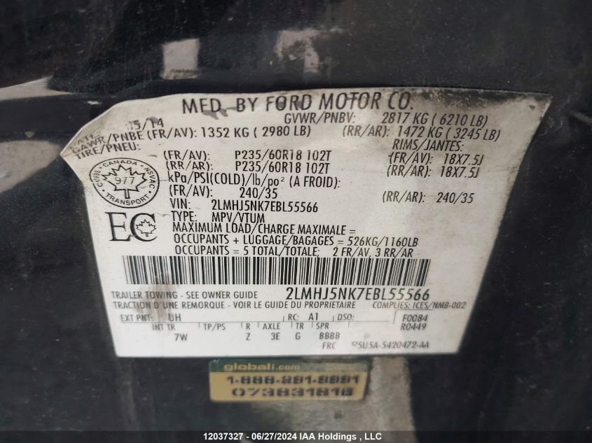 2014 Lincoln Mkt Livery VIN: 2LMHJ5NK7EBL55566 Lot: 12037327