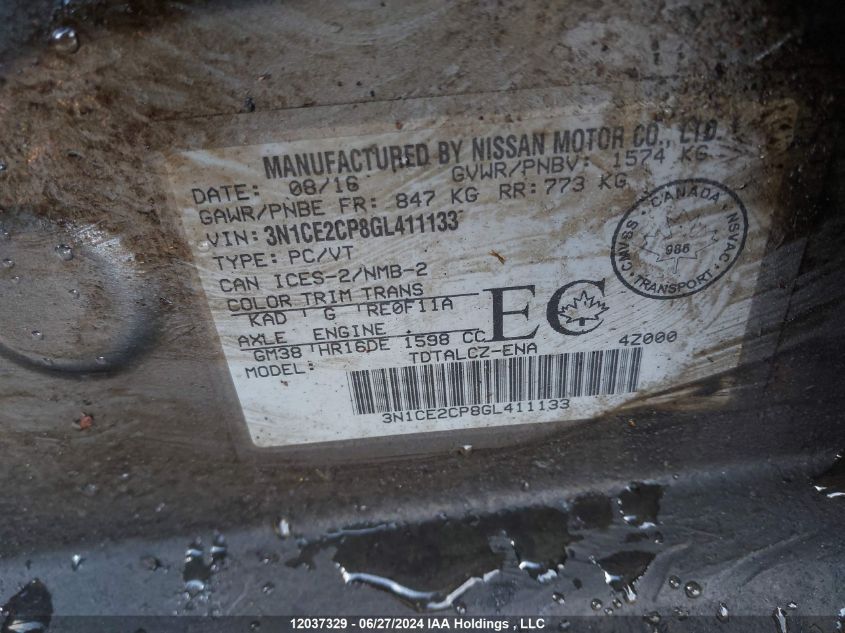2016 Nissan Versa VIN: 3N1CE2CP8GL411133 Lot: 12037329