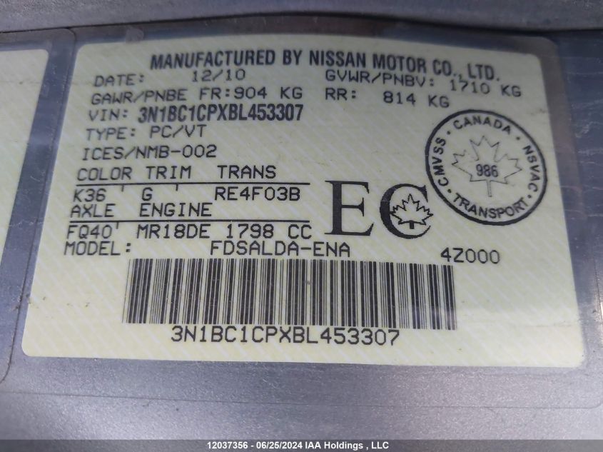2011 Nissan Versa S/Sl VIN: 3N1BC1CPXBL453307 Lot: 12037356