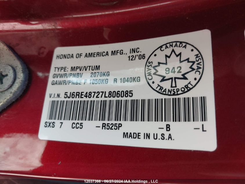 2007 Honda Cr-V Exl VIN: 5J6RE48727L806085 Lot: 12037366