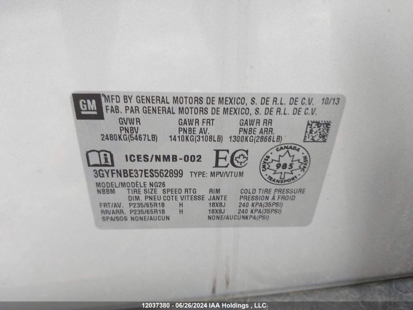 2014 Cadillac Srx VIN: 3GYFNBE37ES562899 Lot: 12037380