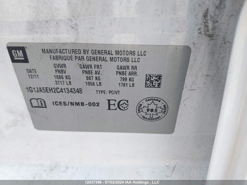 2012 Chevrolet Sonic Ls VIN: 1G1JA5EH2C4134348 Lot: 12037398