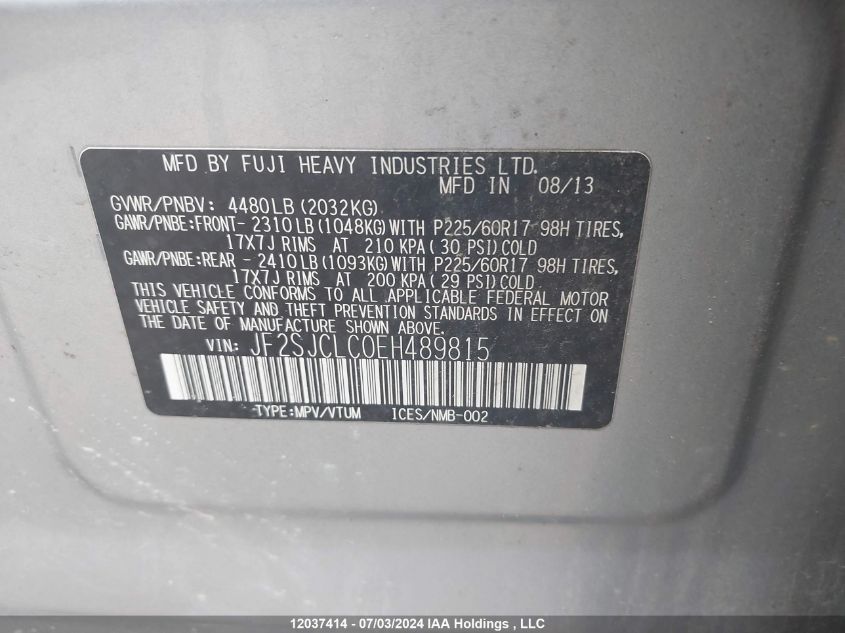 2014 Subaru Forester VIN: JF2SJCLC0EH489815 Lot: 12037414