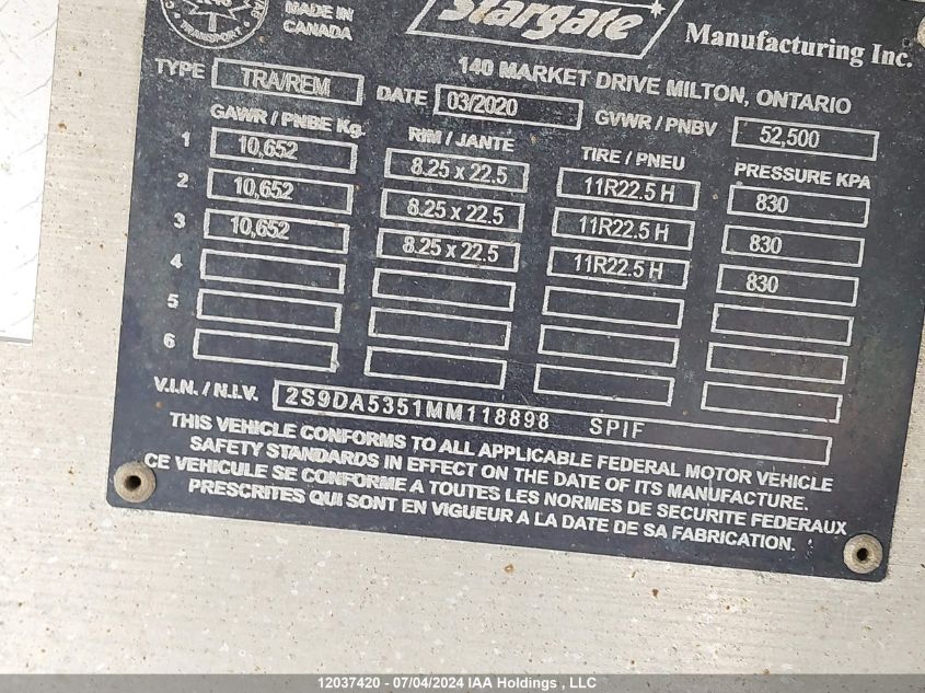 2021 Stargate Dump Trailer VIN: 2S9DA5351MM118898 Lot: 12037420
