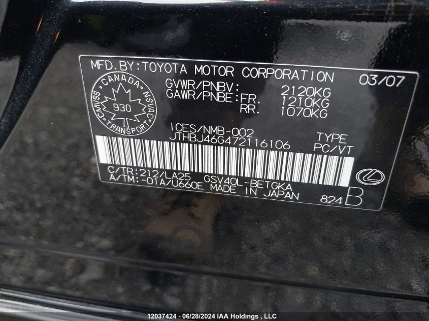 2007 Lexus Es 350 350 VIN: JTHBJ46G472116106 Lot: 12037424