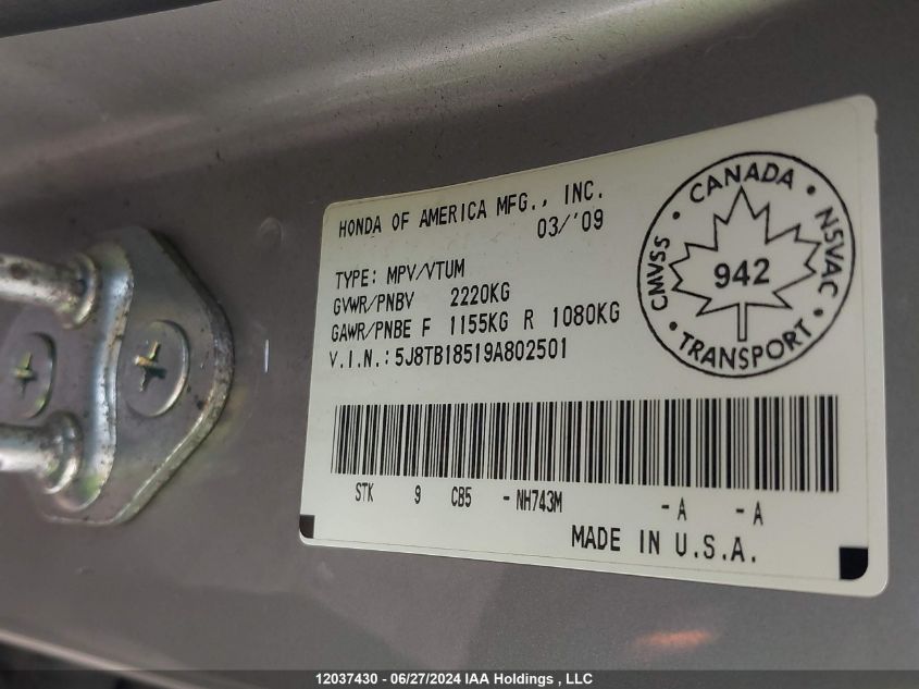 2009 Acura Rdx VIN: 5J8TB18519A802501 Lot: 12037430