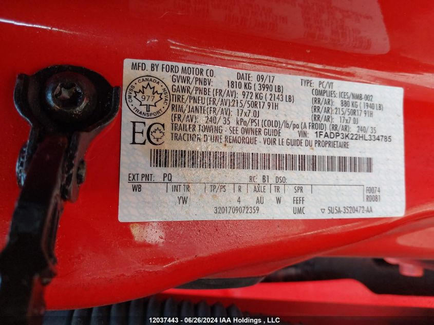 2017 Ford Focus Se VIN: 1FADP3K22HL334785 Lot: 12037443