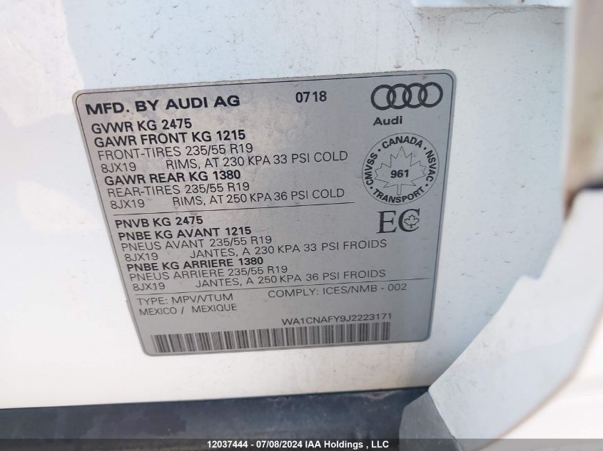 2018 Audi Q5 VIN: WA1CNAFY9J2223171 Lot: 12037444