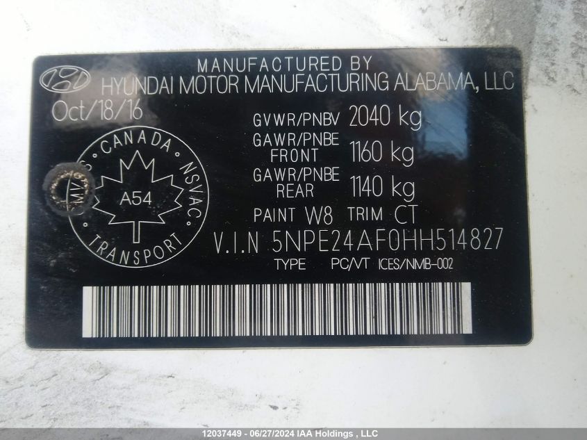 2017 Hyundai Sonata Gls VIN: 5NPE24AF0HH514827 Lot: 12037449