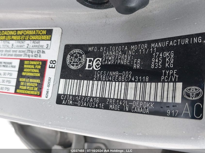 2011 Toyota Corolla Le VIN: 2T1BU4EE8BC743118 Lot: 12037455