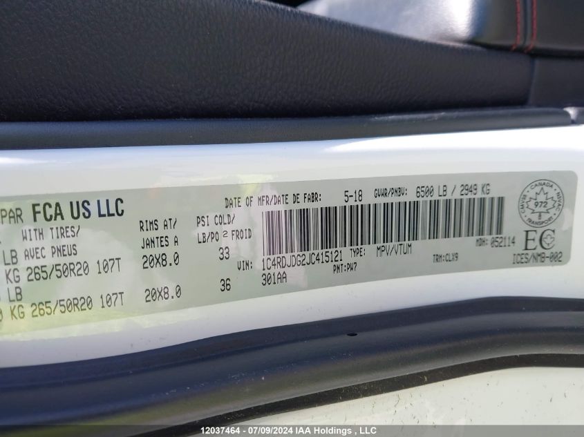 2018 Dodge Durango Gt VIN: 1C4RDJDG2JC415121 Lot: 12037464