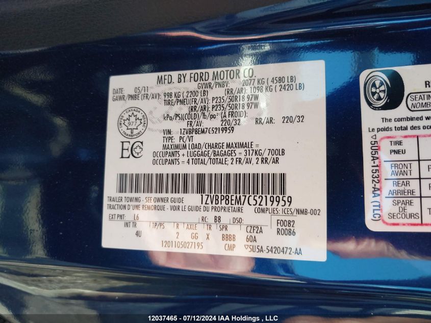 2012 Ford Mustang VIN: 1ZVBP8EM7C5219959 Lot: 12037465