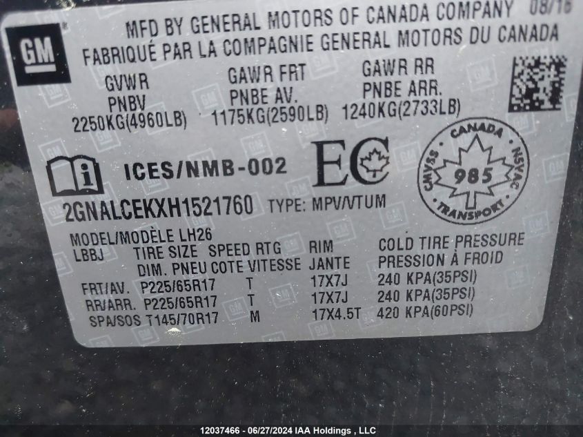 2017 Chevrolet Equinox Lt VIN: 2GNALCEKXH1521760 Lot: 12037466