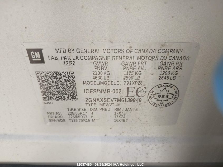 2021 Chevrolet Equinox Ls VIN: 2GNAXSEV7M6139949 Lot: 12037480