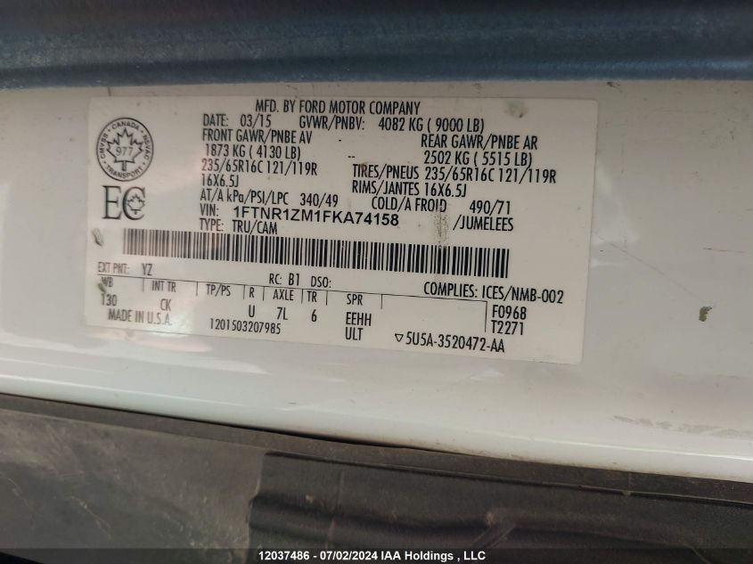 2015 Ford Transit T-250 VIN: 1FTNR1ZM1FKA74158 Lot: 12037486