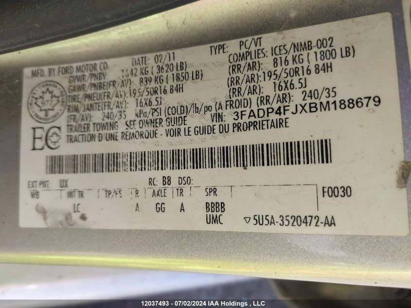 2011 Ford Fiesta Ses VIN: 3FADP4FJXBM188679 Lot: 12037493