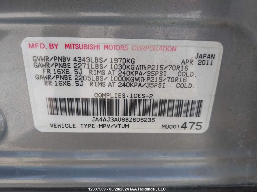 2011 Mitsubishi Rvr VIN: JA4AJ3AU8BZ605235 Lot: 12037509