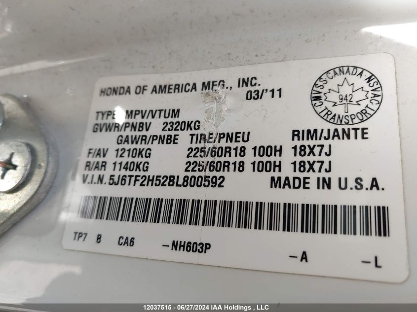 2011 Honda Accord Crosstour VIN: 5J6TF2H52BL800592 Lot: 12037515
