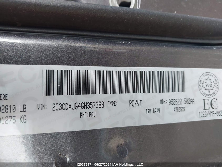 2016 Dodge Charger Sxt VIN: 2C3CDXJG4GH357388 Lot: 12037517