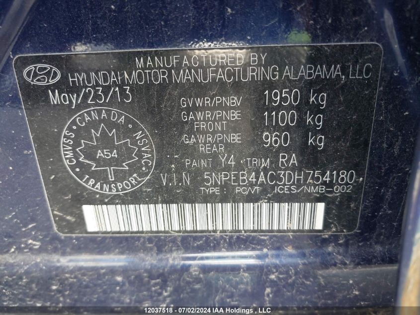 2013 Hyundai Sonata Gl VIN: 5NPEB4AC3DH754180 Lot: 12037518