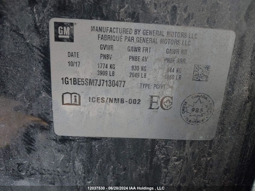 2018 Chevrolet Cruze VIN: 1G1BE5SM7J7130477 Lot: 12037530