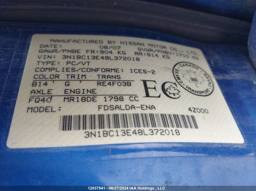 2008 Nissan Versa S/Sl VIN: 3N1BC13E48L372018 Lot: 12037541