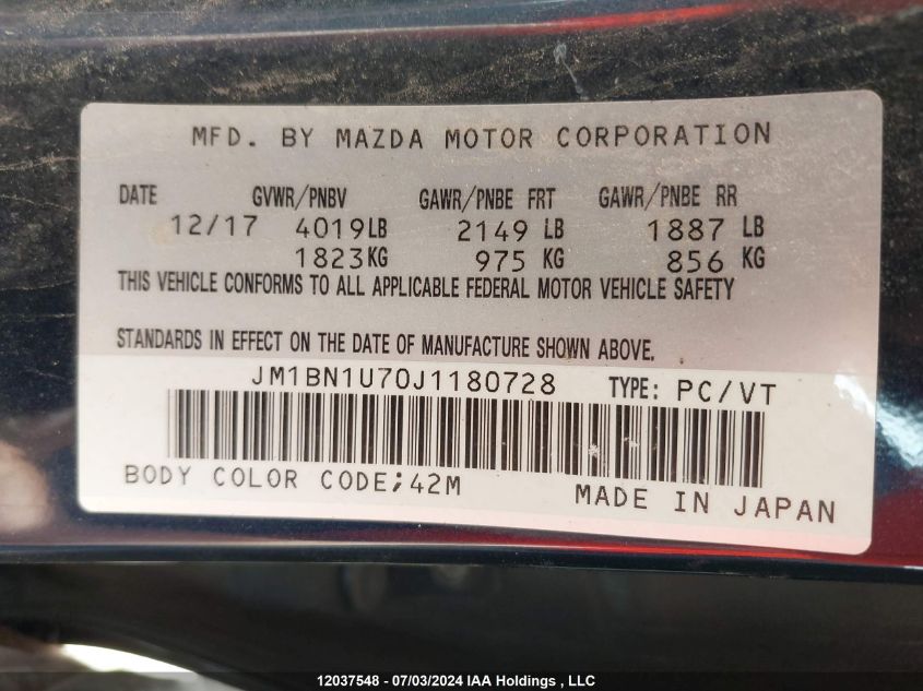 2018 Mazda Mazda3 VIN: JM1BN1U70J1180728 Lot: 12037548