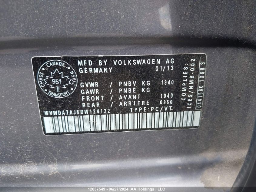 2013 Volkswagen Golf VIN: WVWDA7AJ5DW124122 Lot: 12037549