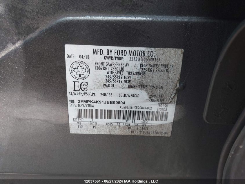 2018 Ford Edge Titanium VIN: 2FMPK4K91JBB90804 Lot: 12037561