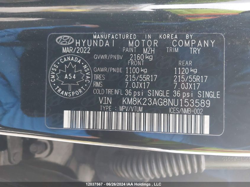 2022 Hyundai Kona Electric Preferred VIN: KM8K23AG8NU153589 Lot: 12037567