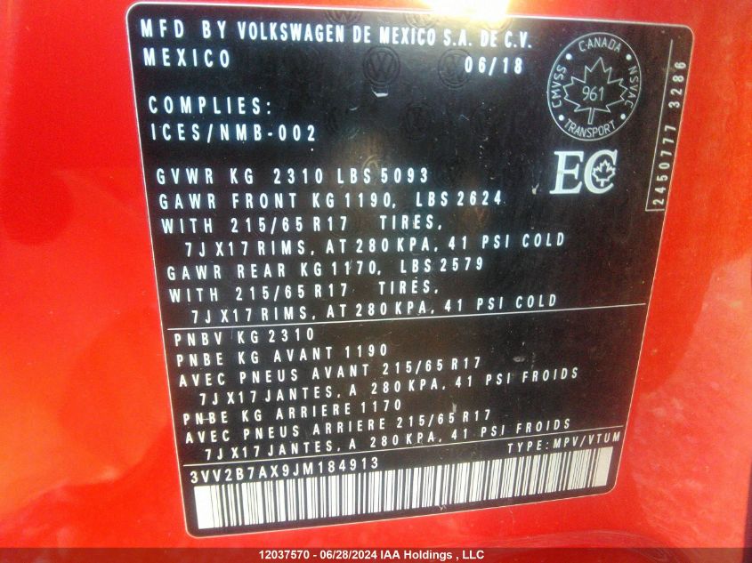 2018 Volkswagen Tiguan VIN: 3VV2B7AX9JM184913 Lot: 12037570