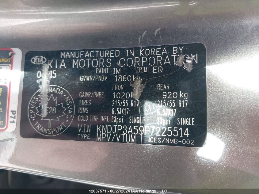 2015 Kia Soul + VIN: KNDJP3A59F7225514 Lot: 12037571