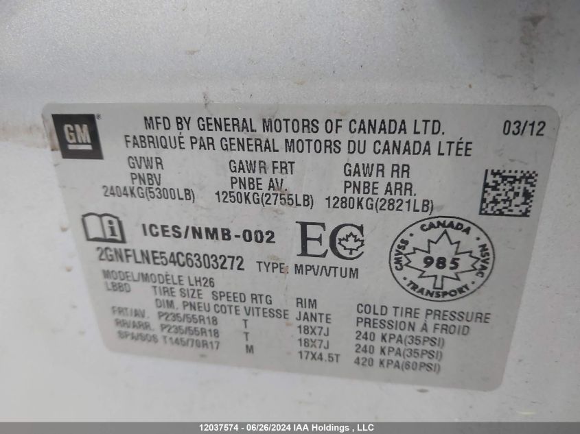 2012 Chevrolet Equinox Lt VIN: 2GNFLNE54C6303272 Lot: 12037574