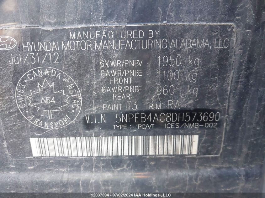 2013 Hyundai Sonata Gls VIN: 5NPEB4AC8DH573690 Lot: 12037594