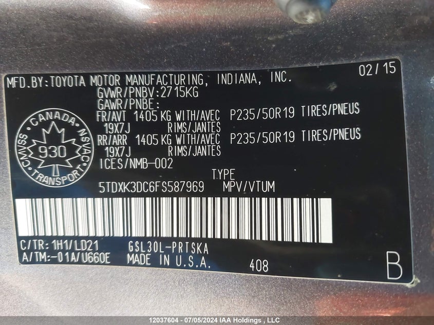 2015 Toyota Sienna Sport VIN: 5TDXK3DC6FS587969 Lot: 12037604