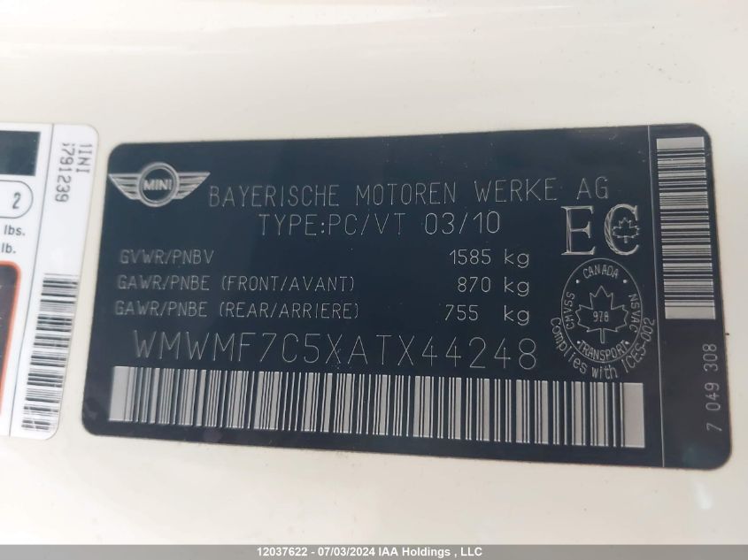 2010 Mini Cooper Hardtop VIN: WMWMF7C5XATX44248 Lot: 12037622