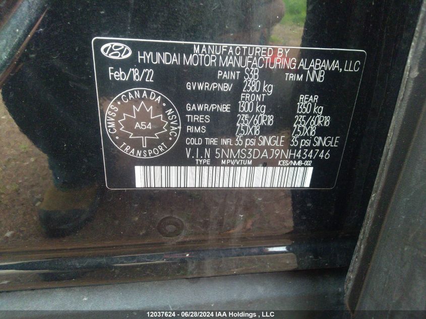 2022 Hyundai Santa Fe Sel VIN: 5NMS3DAJ9NH434746 Lot: 12037624