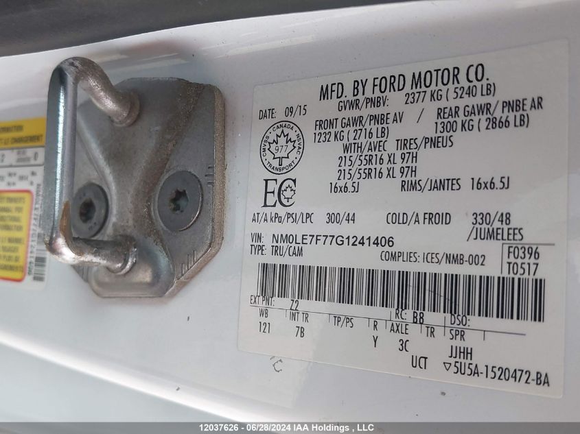 2016 Ford Transit Connect Xlt VIN: NM0LE7F77G1241406 Lot: 12037626