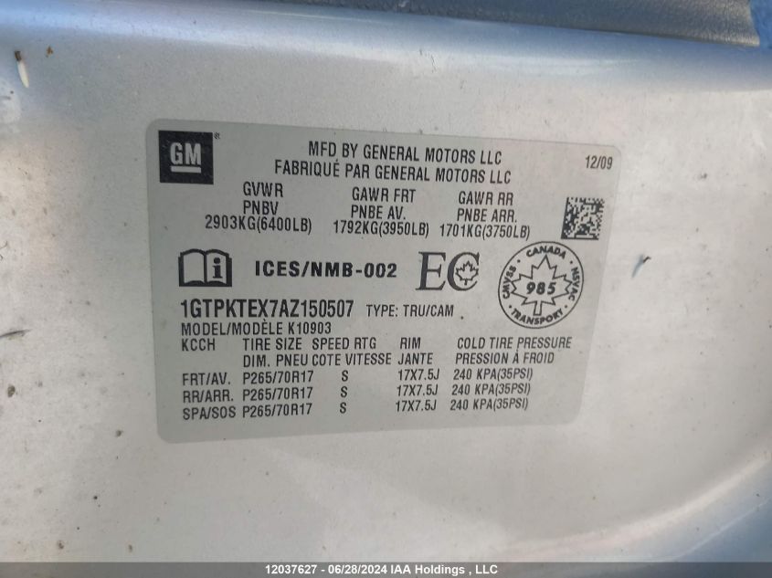 2010 GMC Sierra 1500 VIN: 1GTPKTEX7AZ150507 Lot: 12037627