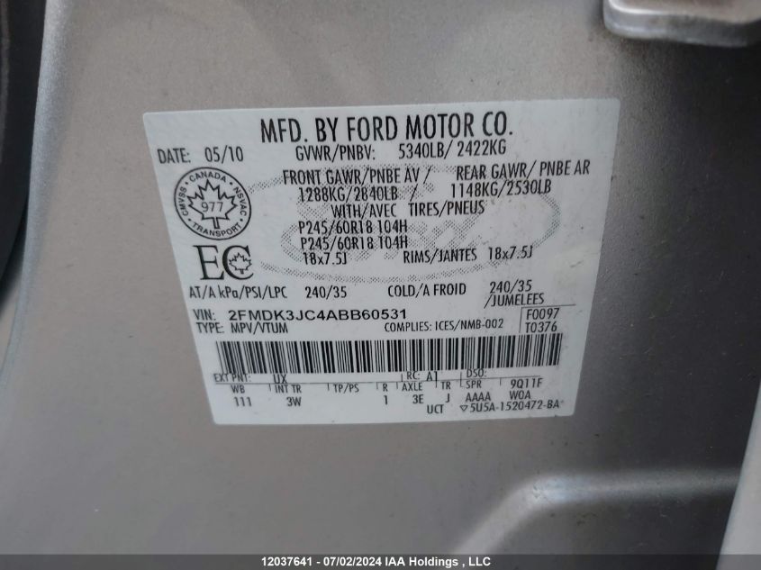 2010 Ford Edge Sel VIN: 2FMDK3JC4ABB60531 Lot: 12037641