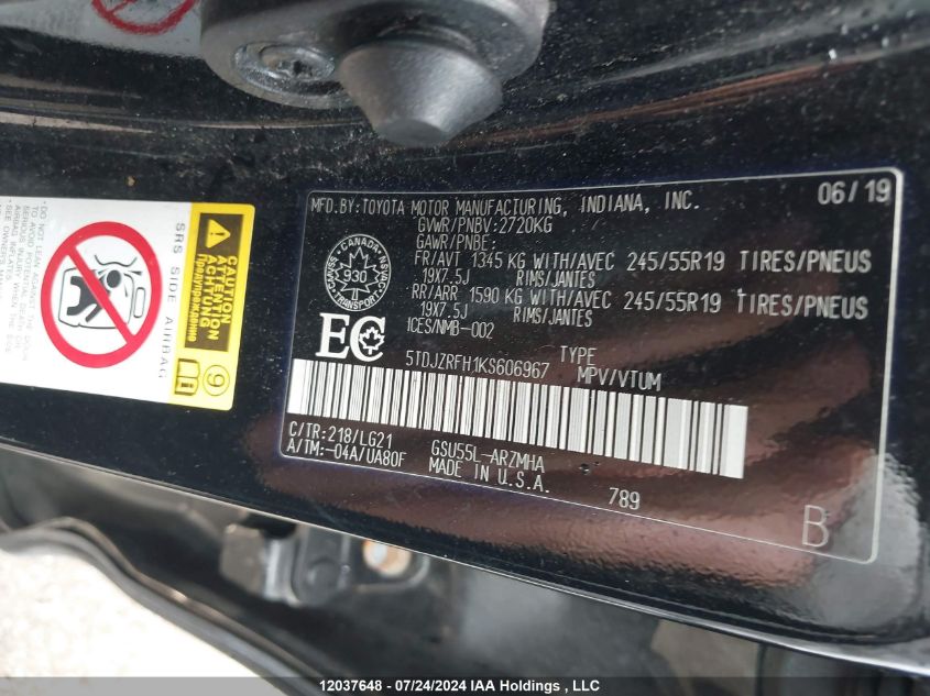 2019 Toyota Highlander Xle VIN: 5TDJZRFH1KS606967 Lot: 12037648