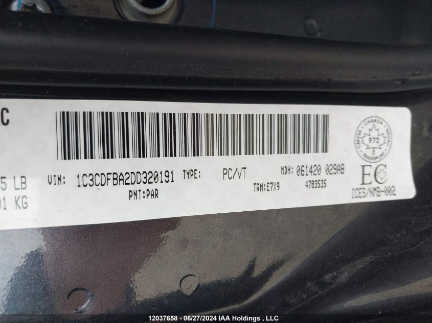 2013 Dodge Dart Sxt VIN: 1C3CDFBA2DD320191 Lot: 12037658