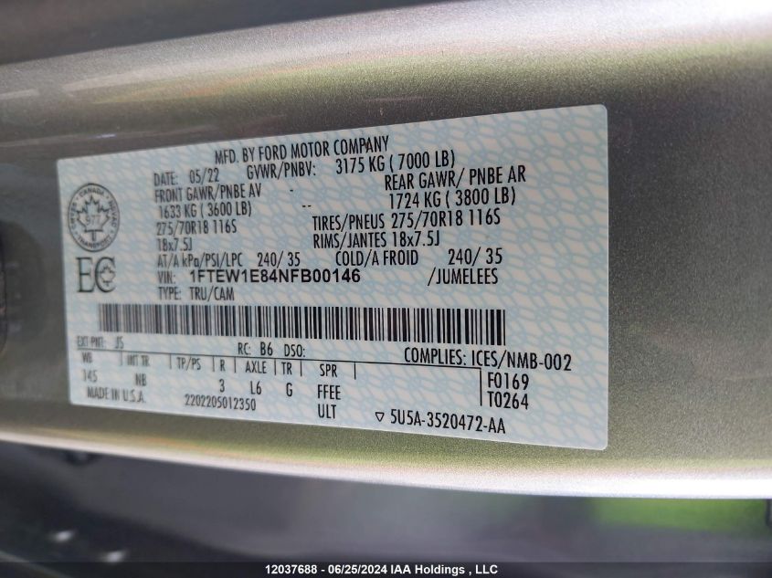 2022 Ford F150 Supercrew VIN: 1FTEW1E84NFB00146 Lot: 12037688