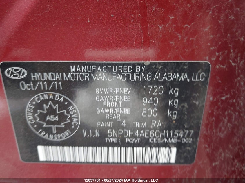 2012 Hyundai Elantra VIN: 5NPDH4AE6CH115477 Lot: 12037701