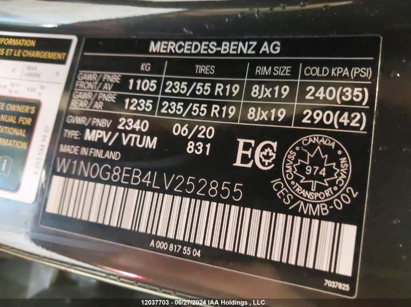 2020 Mercedes-Benz 300 VIN: W1N0G8EB4LV252855 Lot: 12037703