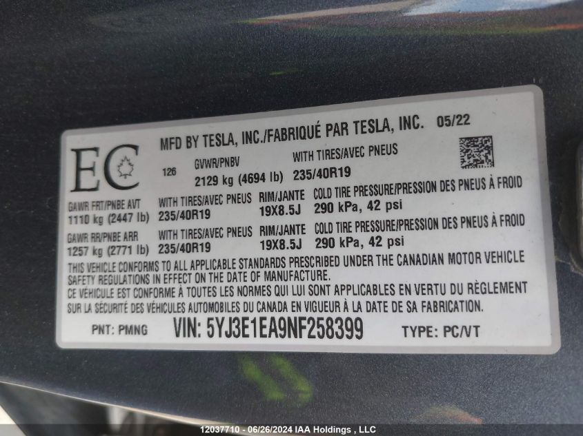 2022 Tesla Model 3 VIN: 5YJ3E1EA9NF258399 Lot: 12037710