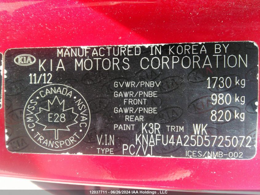 2013 Kia Forte VIN: KNAFU4A25D5725072 Lot: 12037711