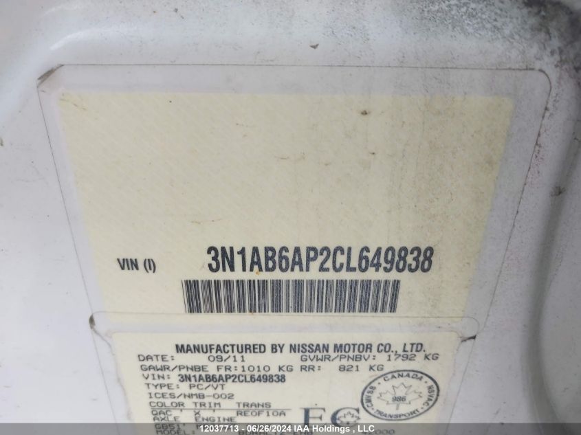 2012 Nissan Sentra 2.0/2.0S/Sr/2.0Sl VIN: 3N1AB6AP2CL649838 Lot: 12037713