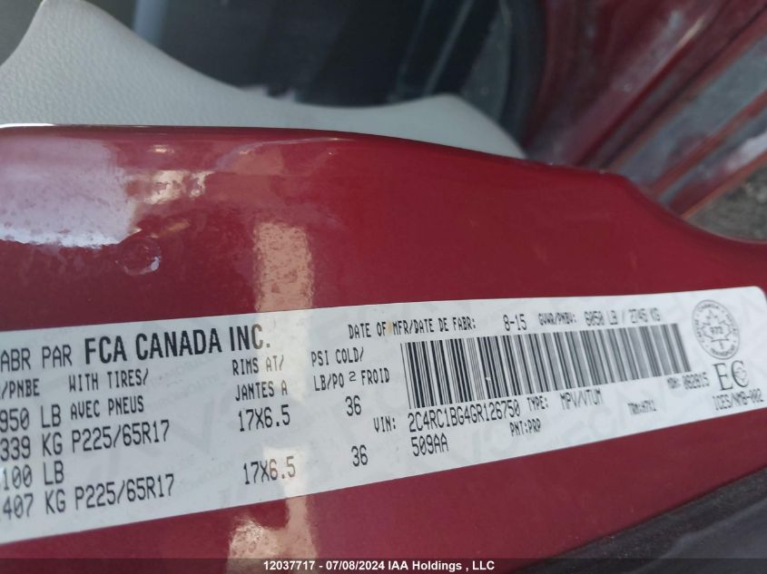 2016 Chrysler Town & Country Touring VIN: 2C4RC1BG4GR126750 Lot: 12037717