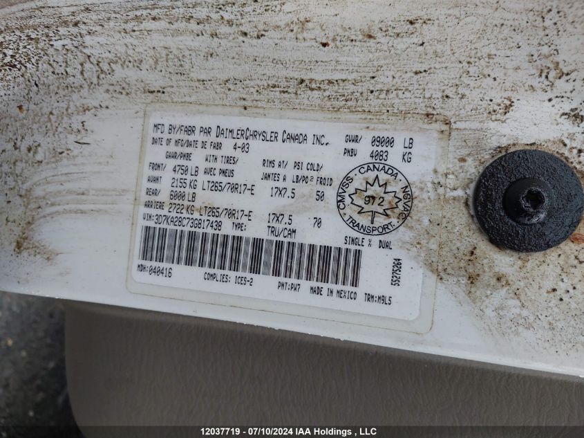 2003 Dodge Ram 2500 VIN: 3D7KA28C73G817438 Lot: 12037719